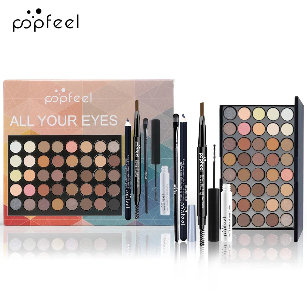 Popfeel all-in-one eye makeup gift set with eyeshadow palette, mascara, eyeliner, and eyebrow pencil, perfect for eye makeup.