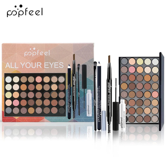 Popfeel all-in-one eye makeup gift set with eyeshadow palette, mascara, eyeliner, and eyebrow pencil, perfect for eye makeup.