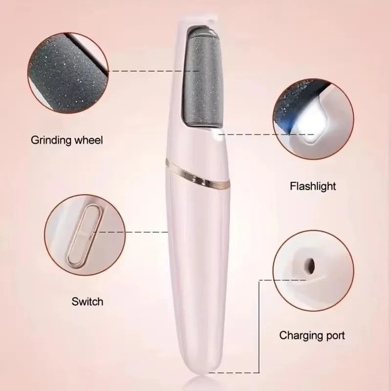 Rechargeable electric foot callus remover kit with roller heads for pedicure and foot care, featuring automatic foot grinder and ergonomic design.