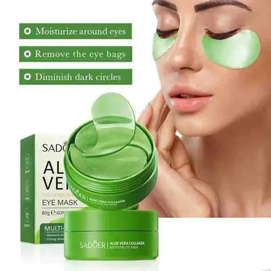 A pack of REAROYA Aloe Vera Collagen Eye Masks for dark circles, puffiness, and wrinkles, showing individual eye patches in a box.
