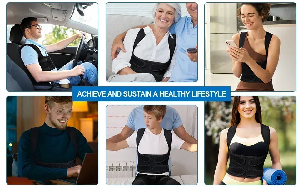 Adjustable posture corrector back brace for men and women, orthopedic straps for spinal support and upper back pain relief.
