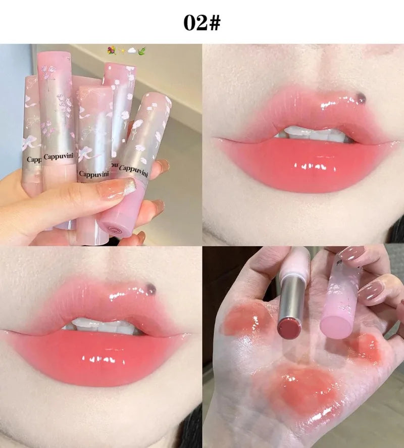 Amzzonstore mirror glass solid lip gloss in a round tube with a natural nude peach tint, moisturizing and water-light finish.
