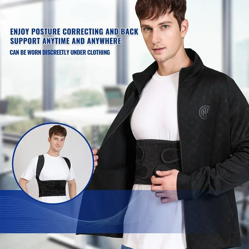Adjustable posture corrector back brace for men and women, orthopedic spinal strap supporting upper back and improving posture.