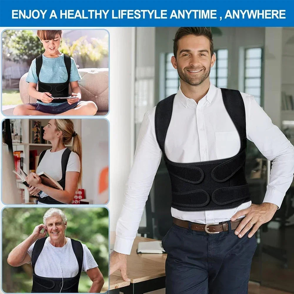 Adjustable posture corrector back brace for men and women, orthopedic spinal straps, comfortable upper back support.