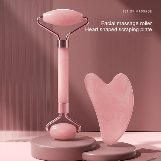 Resin facial roller and gua sha scraping board set for face, neck, and eye massage, promoting skin wellness and relaxation.