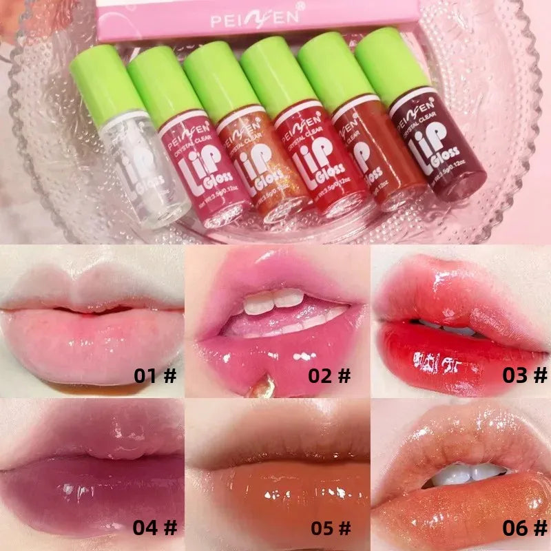 Set of six glass mirror lip glosses from amzzon.store, featuring hydrating shimmer lip glaze and plumping lip oil in sleek packaging.