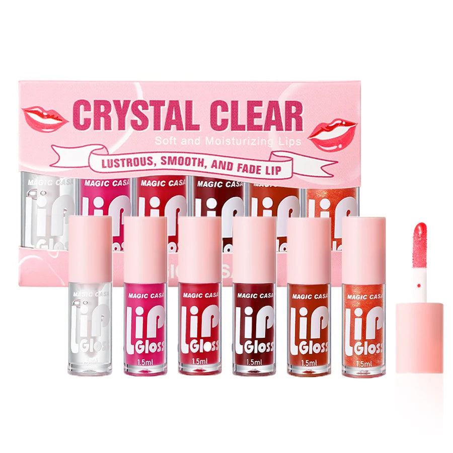 Six-piece MAGIC CASA hydrating jelly lip oil set with shimmering moisturizing lip glosses, displayed in a sleek makeup kit.