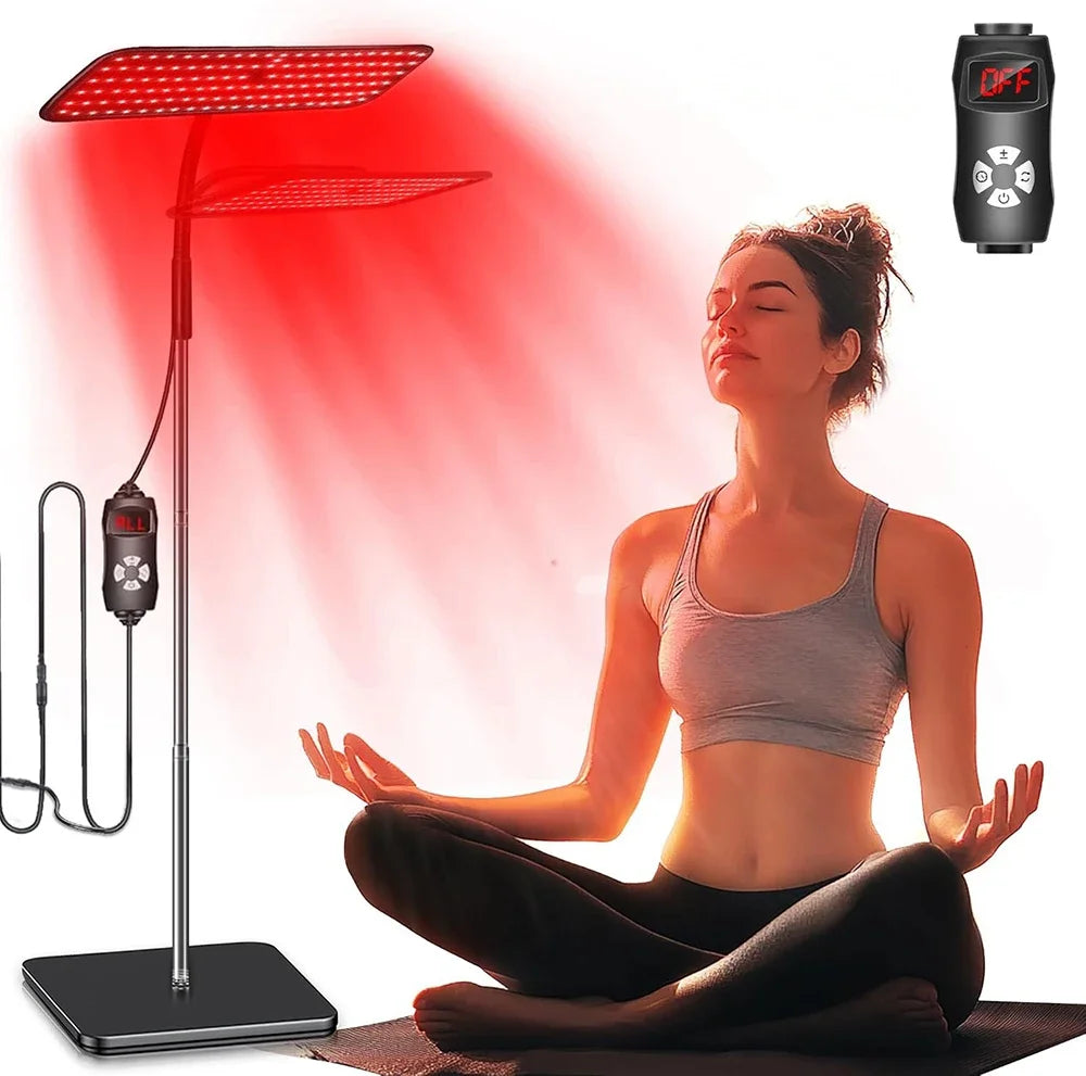 Amzzonstore 660nm and 850nm near infrared light panel with adjustable stand, used for face and body pain relief at home.