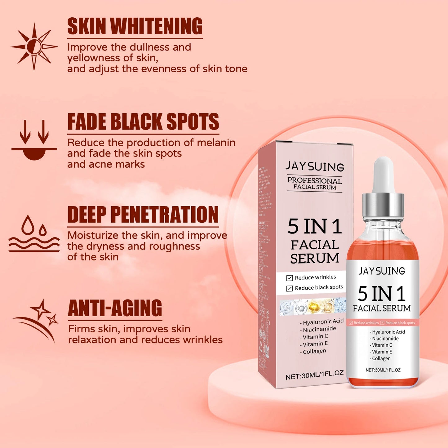 Jaysuing 5-in-1 face serum bottle with dropper, 30ml anti-aging and firming skincare for wrinkles, dark spots, and deep hydration.