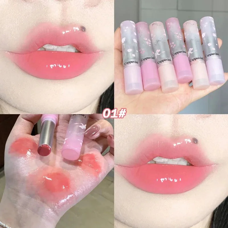 Amzzonstore mirror glass solid lip gloss in water light round tube, natural nude peach tint with moisturizing jelly lipstick.