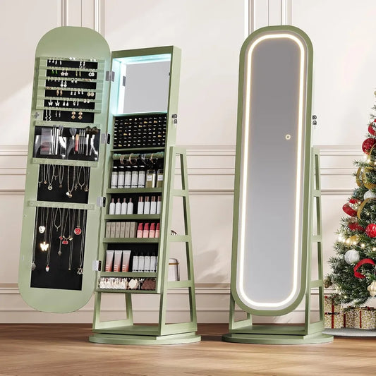 Amzzonstore 360° swivel jewelry mirror cabinet with built-in lights and inside makeup mirror, standing jewelry armoire organizer.