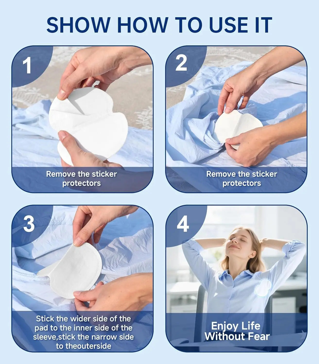 Disposable underarm sweat pads from amzzon.store, absorbent shields for odor and hyperhidrosis, shown in a pack of multiple pieces.
