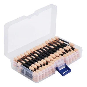 Set of 50/100 disposable dual-sided eyeshadow sponge applicators with containers, ideal for precise makeup application.