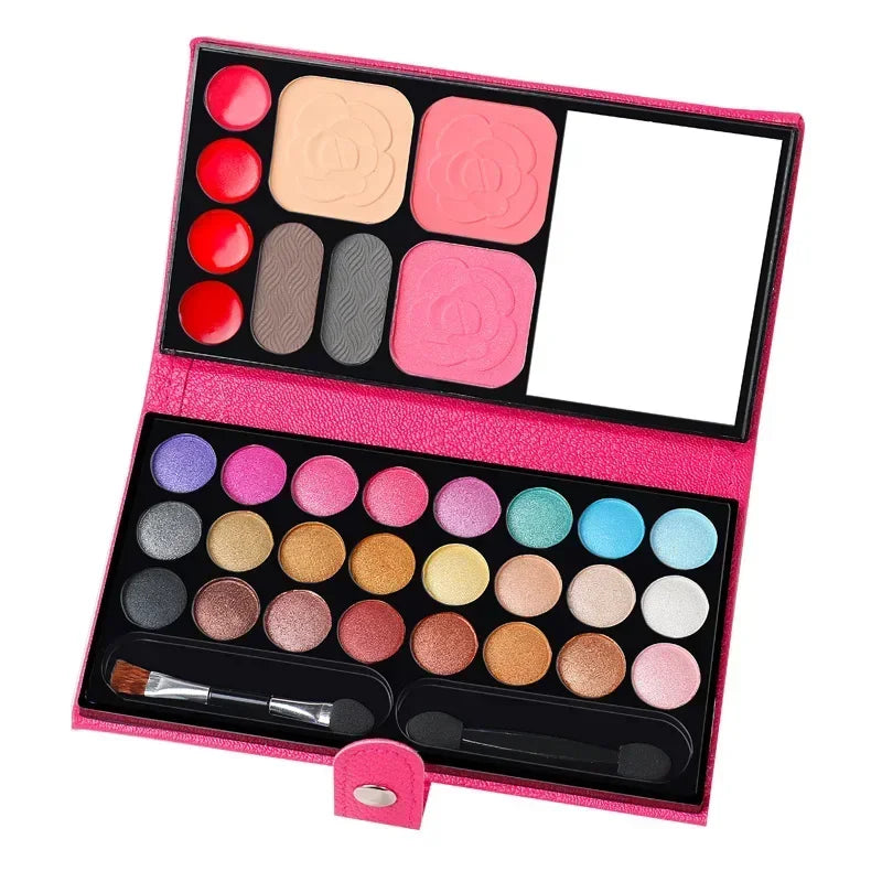 Amzzonstore makeup set with 33 eye shadow, blush, and lipstick powders, includes mirror, compact portable palette for beginners and travel.