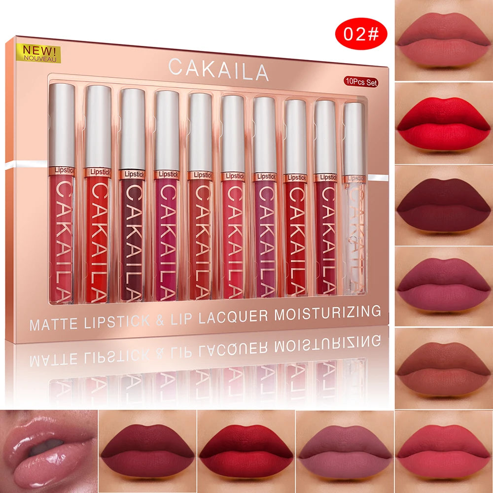 Assorted waterproof matte liquid lipstick and lip oil set featuring nude, red, and pink shades in a long-lasting velvet lip gloss kit