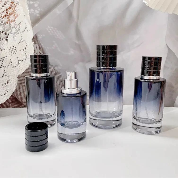 Gradient color glass perfume bottle by amzzonstore, 30ml to 100ml, portable refillable cosmetic atomizer for travel use.