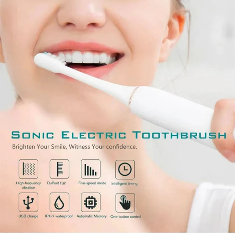 Sonic electric toothbrush for adults with DuPont brush head, waterproof design, USB rechargeable, and six cleaning modes.