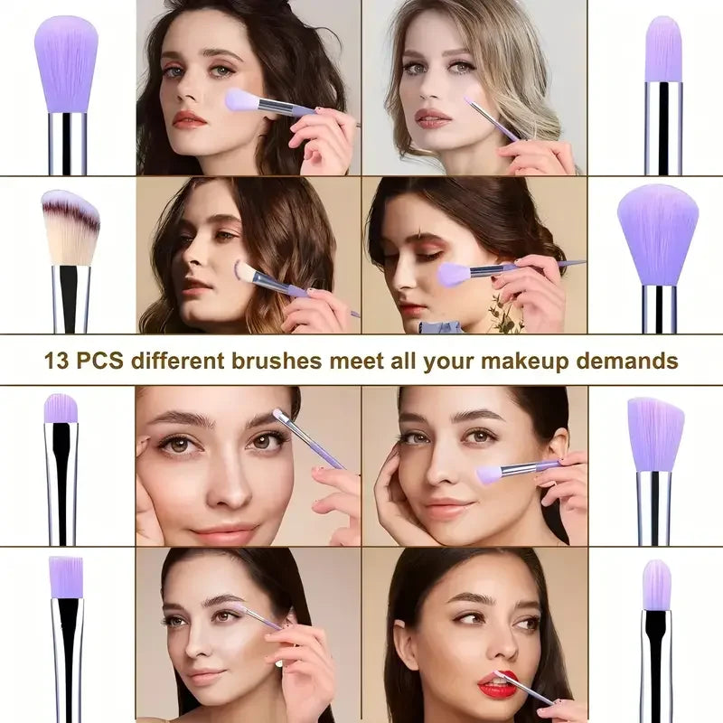 Set of 13 professional makeup brushes by amzzonstore, including foundation, eyeshadow, blush, and blending brushes with soft fluffy bristles.