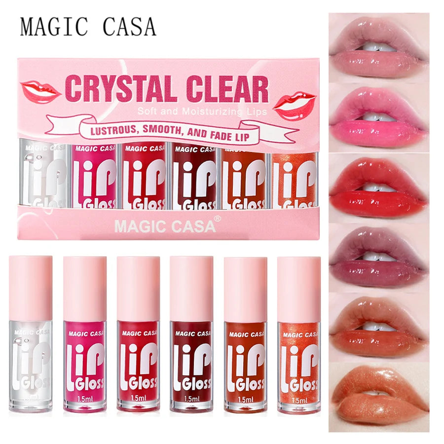MAGIC CASA 6-piece hydrating lip oil set with shimmering gloss, featuring long-lasting moisturizing lip glow oils in clear and tinted shades.