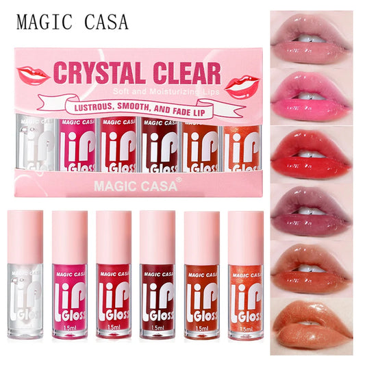MAGIC CASA 6-piece hydrating lip oil set with shimmering gloss, featuring long-lasting moisturizing lip glow oils in clear and tinted shades.
