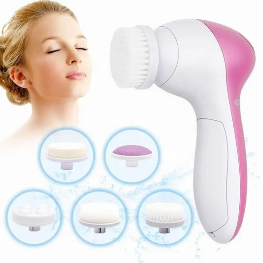 Amzzon.store 5-in-1 electric facial cleansing brush set with waterproof face scrubber and deep pore blackhead cleaner for skincare.