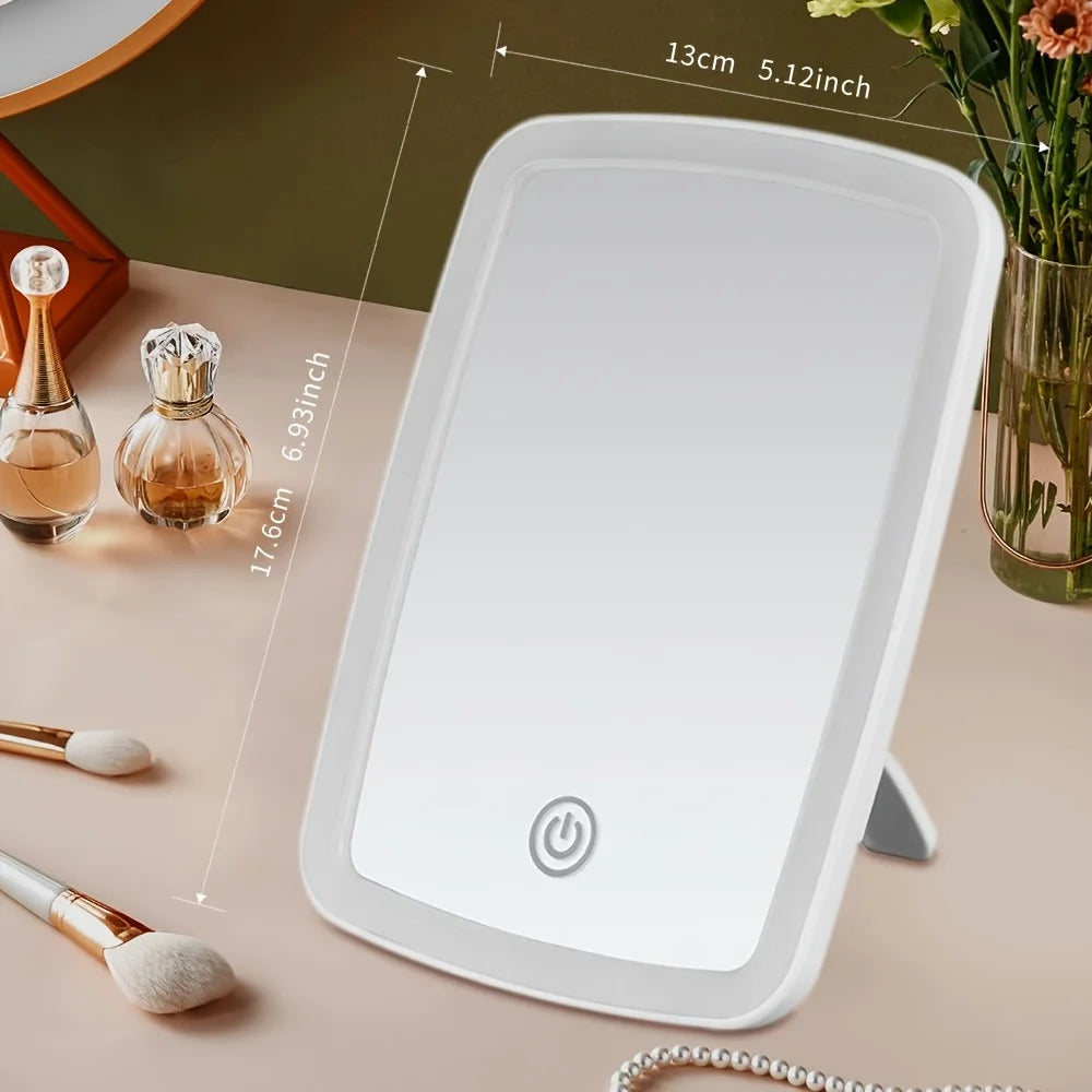 Portable LED makeup mirror with stand, folding square design, touch screen, compact vanity mirror for travel and tabletop use