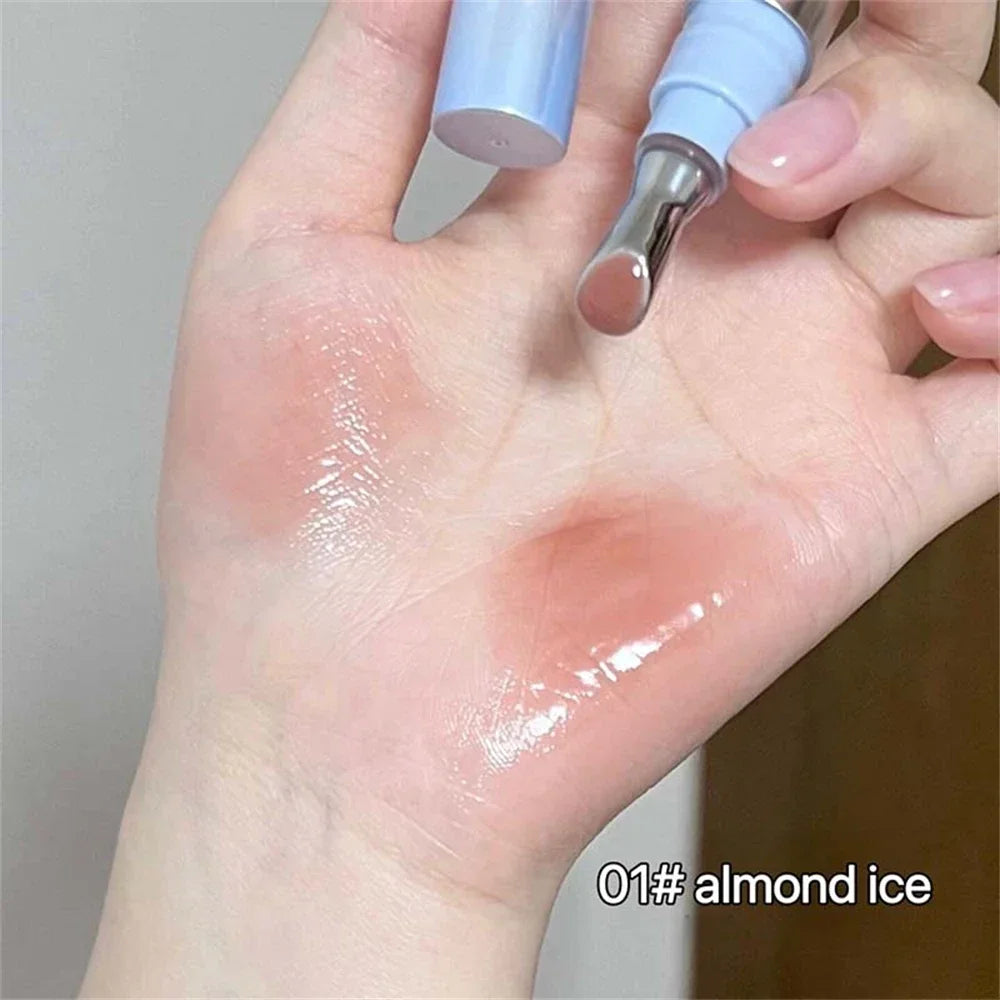 Amzzonstore Metal Head Ice Diamond Essence Lip Tint with mirror, water light glass finish, moisturizing and plumping for lips.