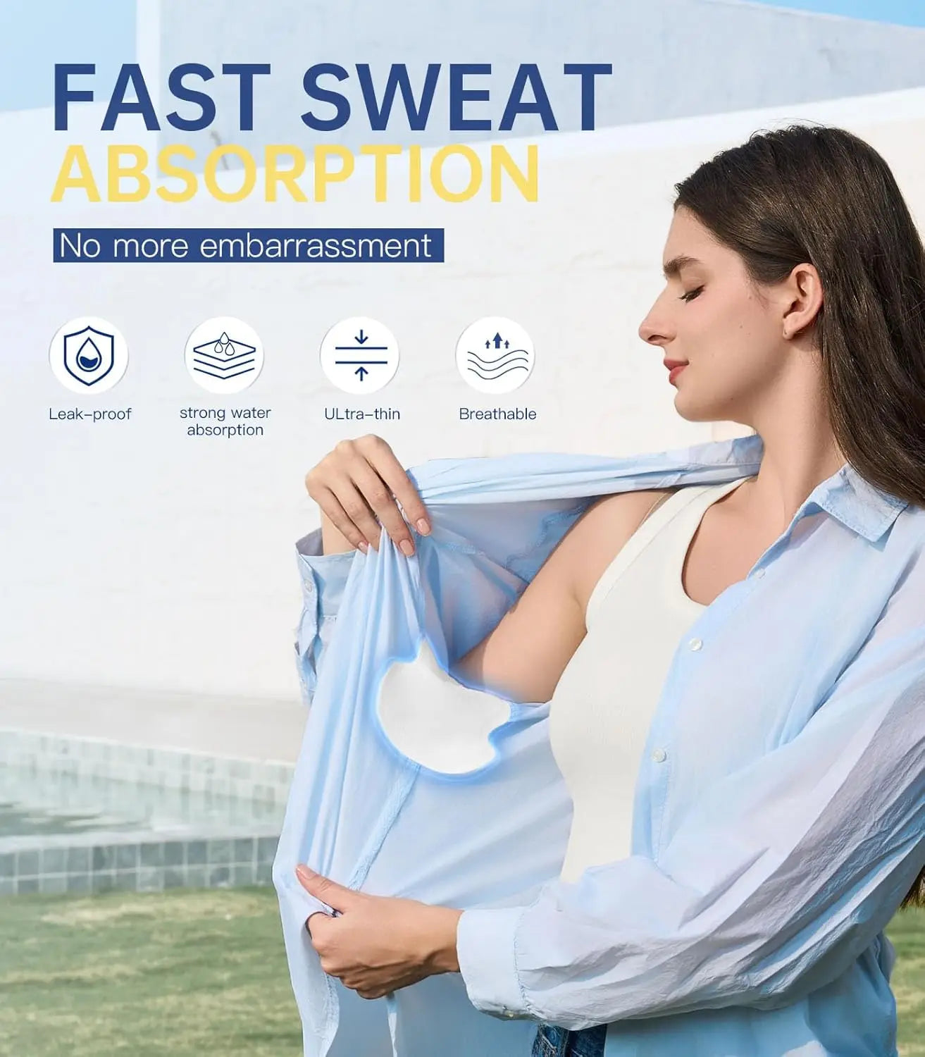 Disposable underarm sweat pads by amzzon.store, showing white absorbent shields designed to prevent sweat and odor in clothing.