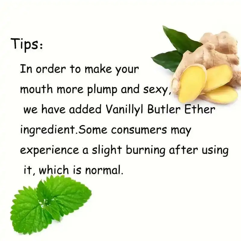 Amzzonstore ginger and mint lip plumper oil with full, radiant lips and youthful, sexy look, shown in a sleek serum bottle.