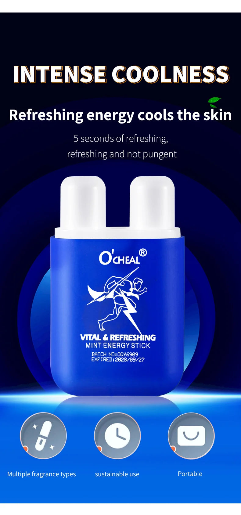 Amzzonstore O'cheal Energy Stick with double holes, fresh mint scent, energizing vapor inhaler for fatigue relief and revitalization.