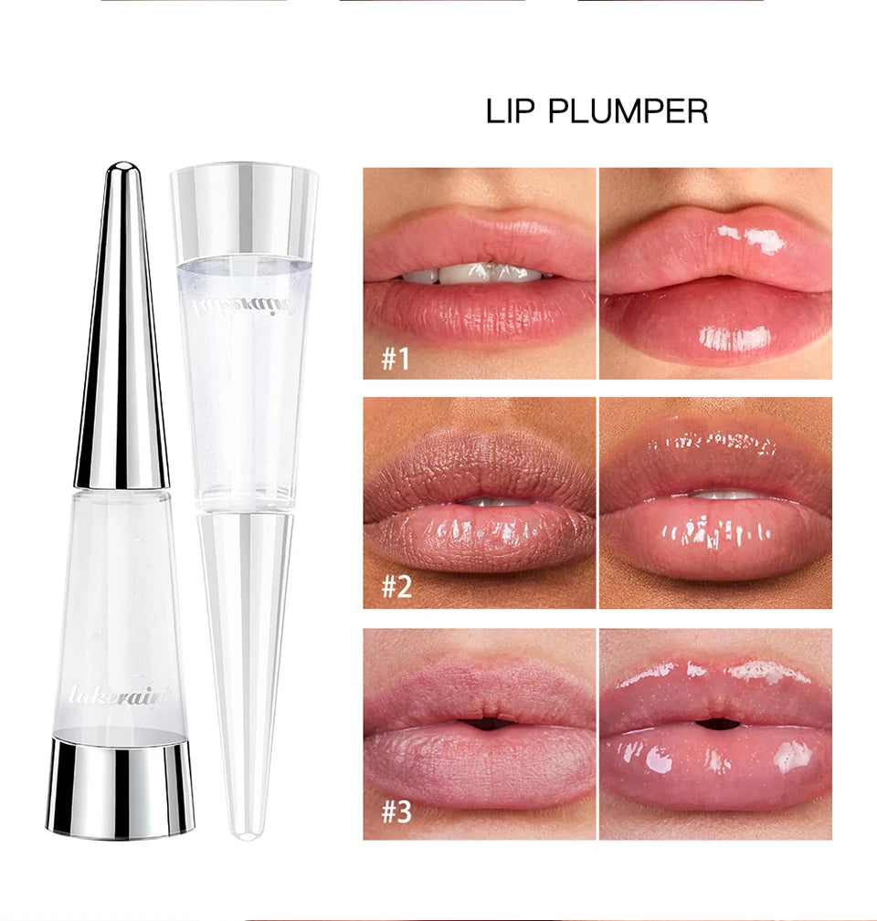 Amzzonstore Lakerain Lip Plumper Gloss Oil showing shiny, volumizing lip gloss with a smooth, hydrating finish on lips.
