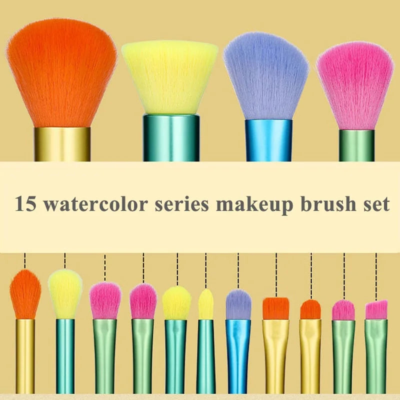 Colorful 15-piece makeup brush set with foundation, blush, concealer, eye shadow blending brushes by amzzonstore