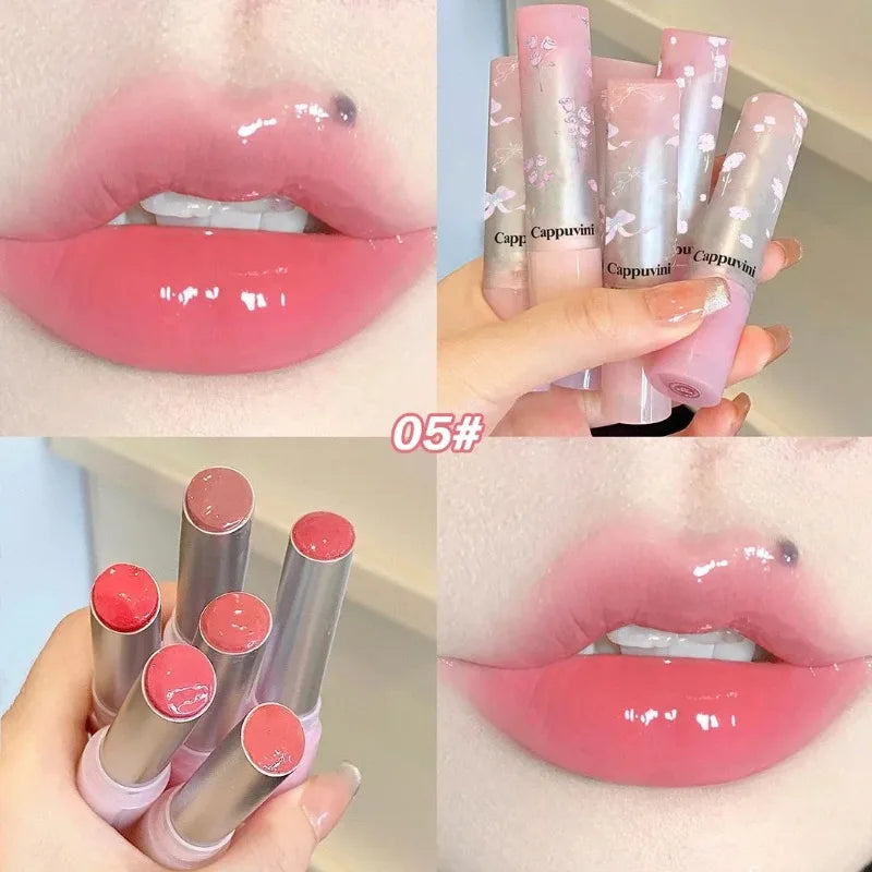 Amzzonstore water light round tube lip gloss with natural nude peach tint, moisturizing jelly lipstick, glossy finish, and lightweight design.