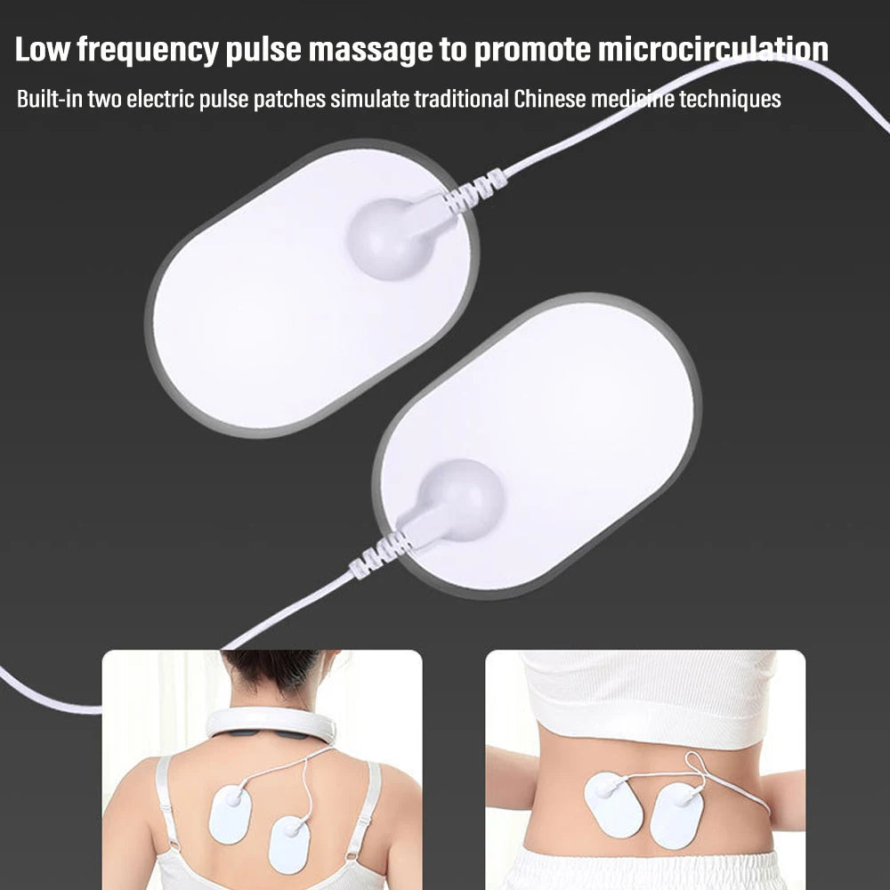Ems electric neck massager by amzzonstore with 6 modes, 9 speeds, and ergonomic design for muscle relaxation and cervical relief.
