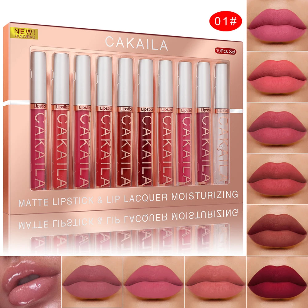 Set of 10 waterproof matte liquid lipsticks and lip oils in nude, red, and pink shades with long-lasting velvet finish.