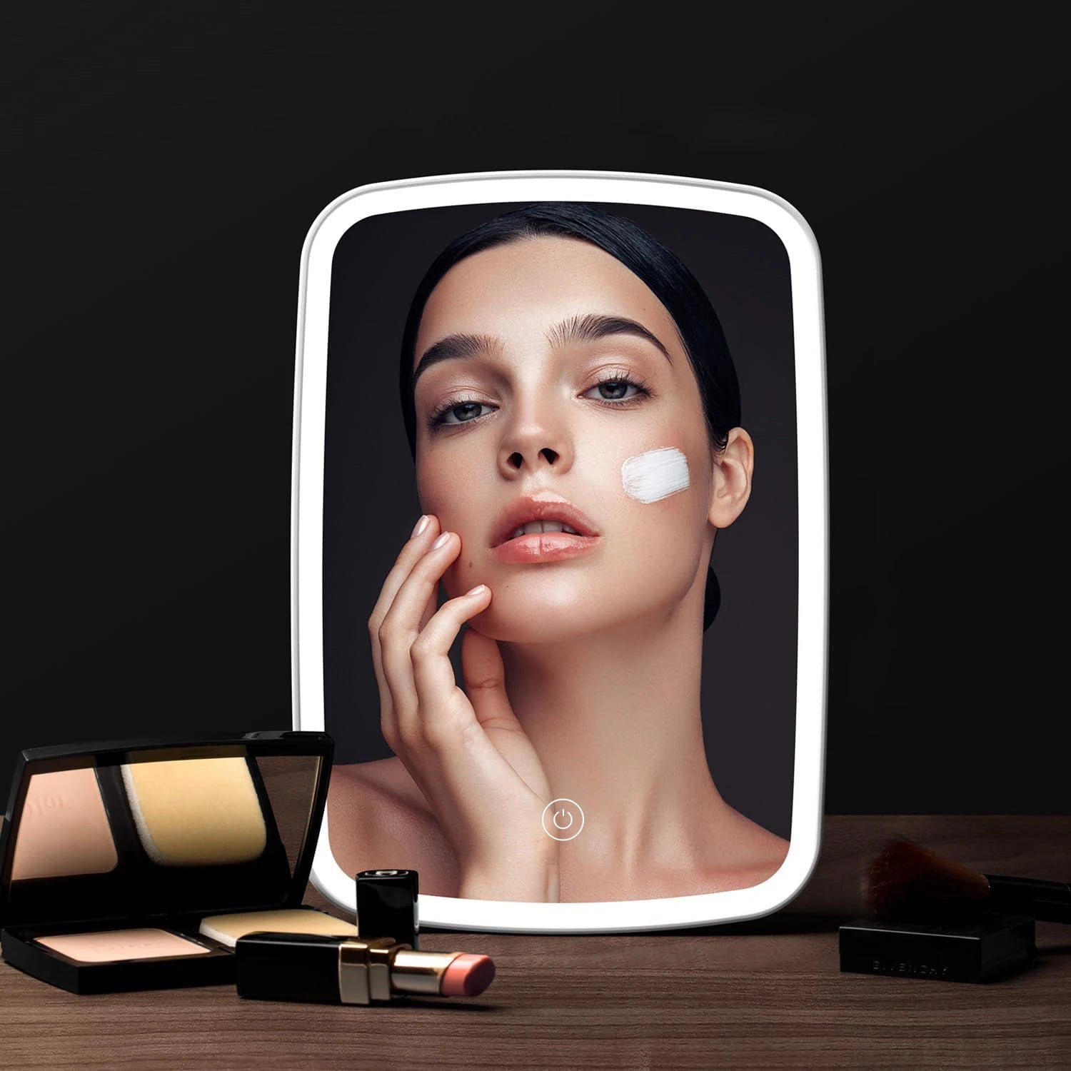 Compact LED makeup mirror with stand, folding design, touch screen, portable vanity mirror for travel and tabletop use.