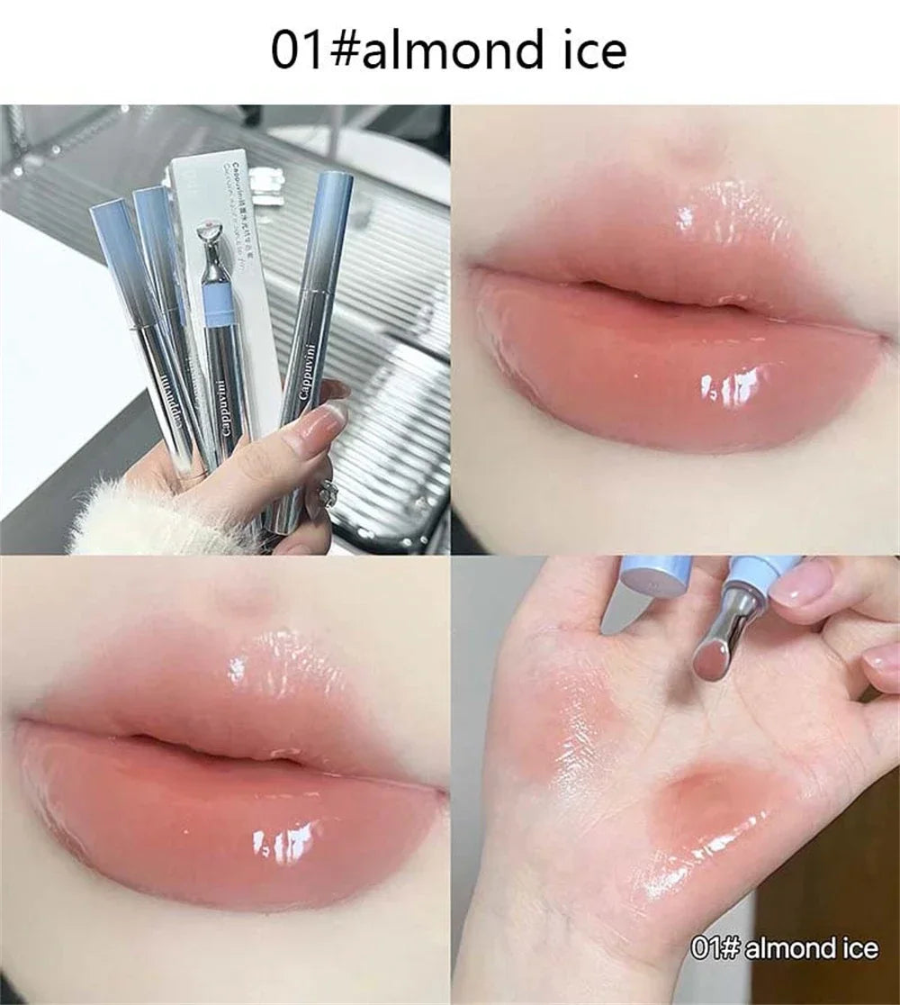 Metal Head Ice Diamond Essence Lip Tint from amzzonstore with water light glass applicator for moisturizing, plumping lips, and reducing wrinkles.