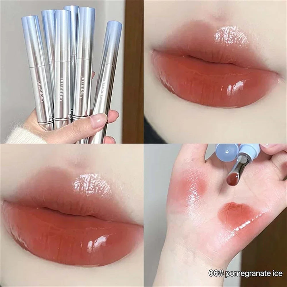 Metal Head Ice Diamond Essence Lip Tint from amzzonstore, with a mirror and water light glass finish, showcasing moisturized, plump lips.