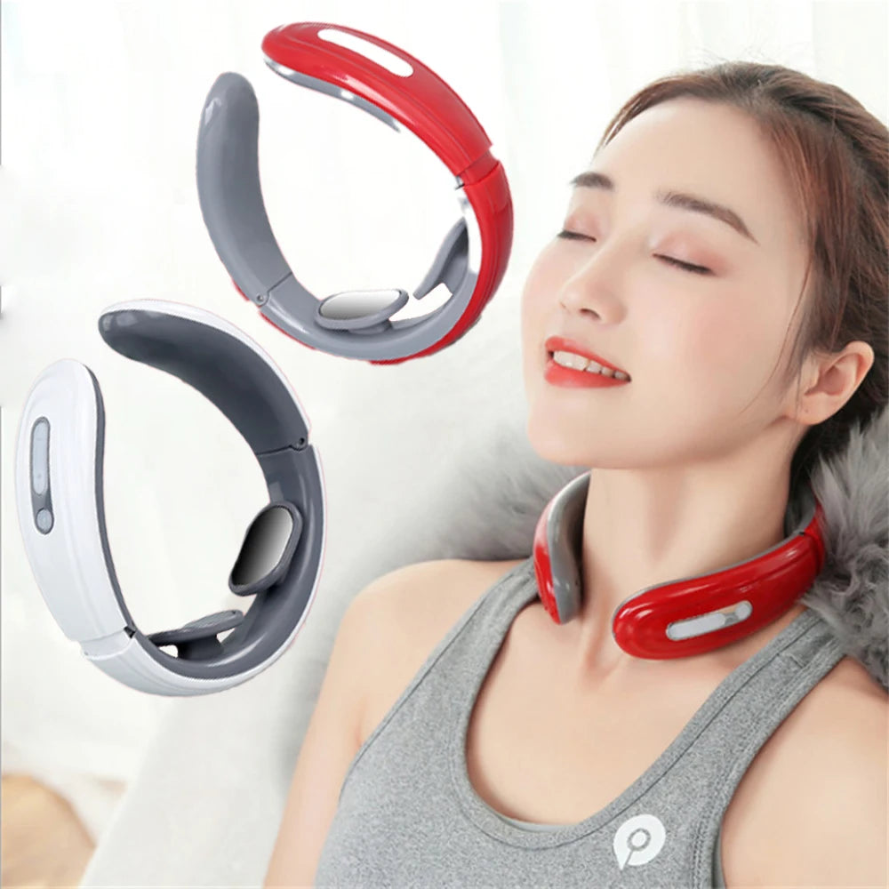 Ems electric neck massager with 6 modes and 9 speeds, designed for muscle relaxation and cervical pain relief.