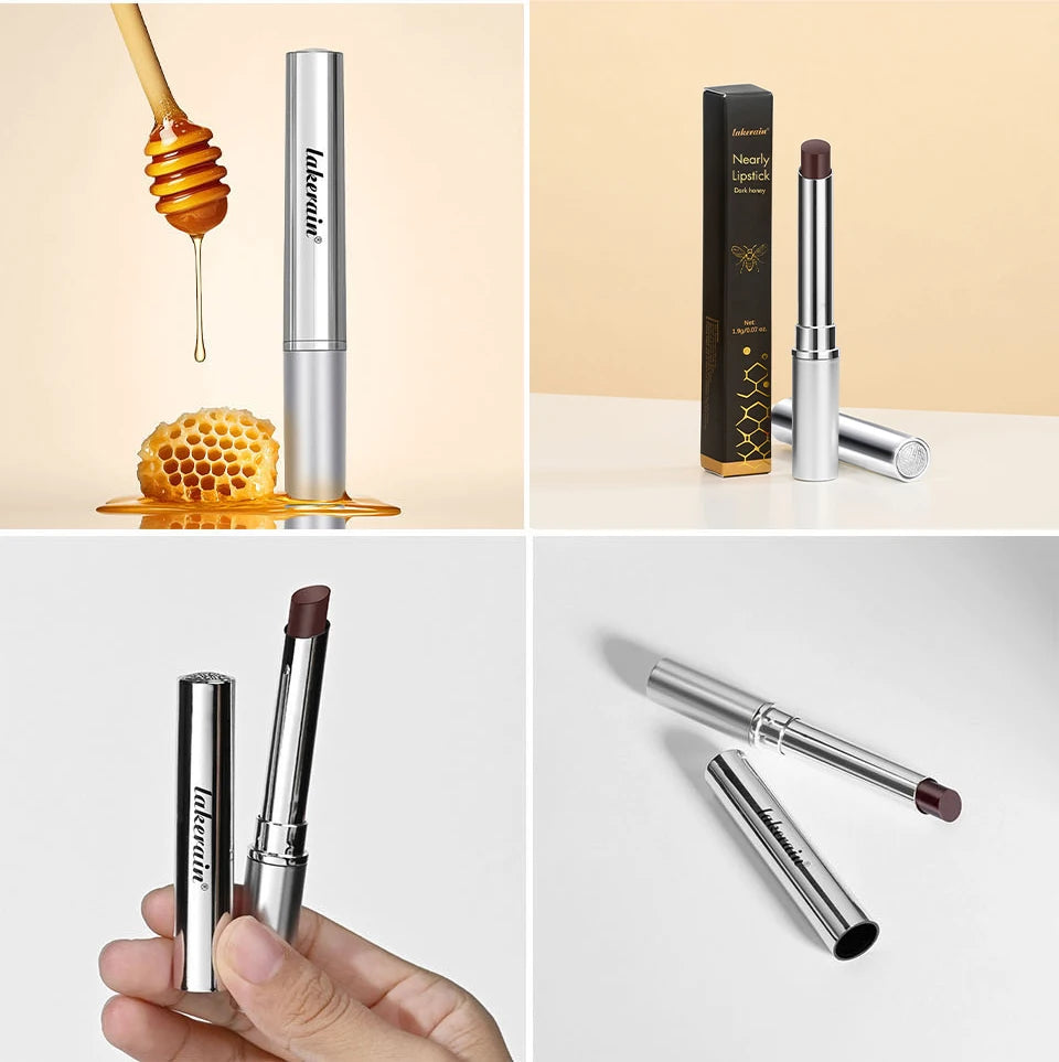 Set of four honey-colored lip balm sticks from amzzonstore, moisturizing, nourishing, and long-lasting lip care cosmetic for smooth lips.