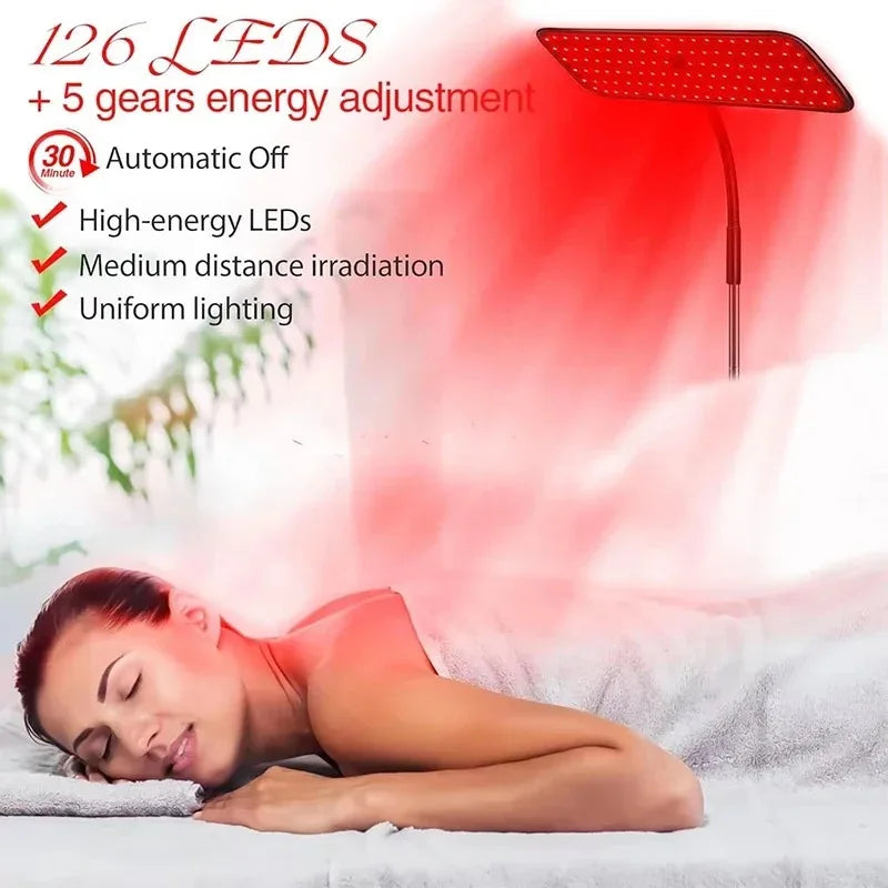Amzzonstore 660nm and 850nm near infrared light panel with adjustable stand, used for face and body pain relief at home.