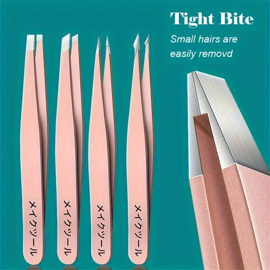 Set of four professional stainless steel eyebrow tweezers by amzzon.store for precise face hair and splinter removal.