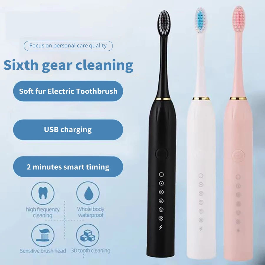 Sonic electric toothbrush for adults with DuPont brush head, waterproof design, USB rechargeable, and six cleaning modes.
