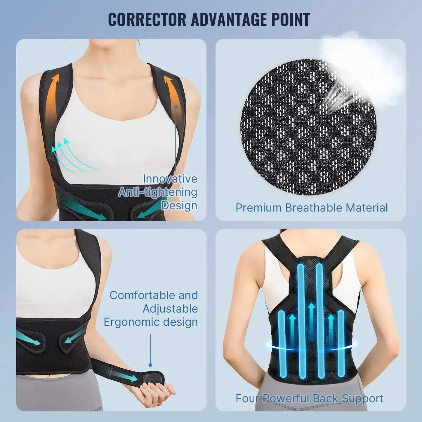 Adjustable posture corrector back brace for men and women, supportive orthopedic straps for improved spinal alignment.