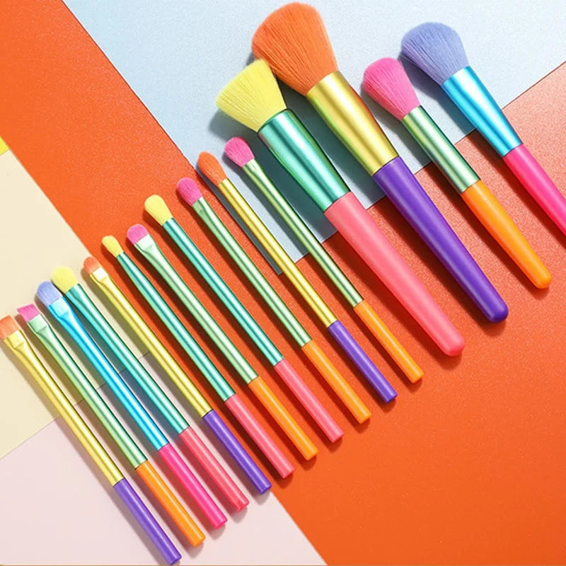 Set of 15 colorful makeup brushes including foundation, blush, concealer, eye shadow, and blending brushes from amzzonstore.
