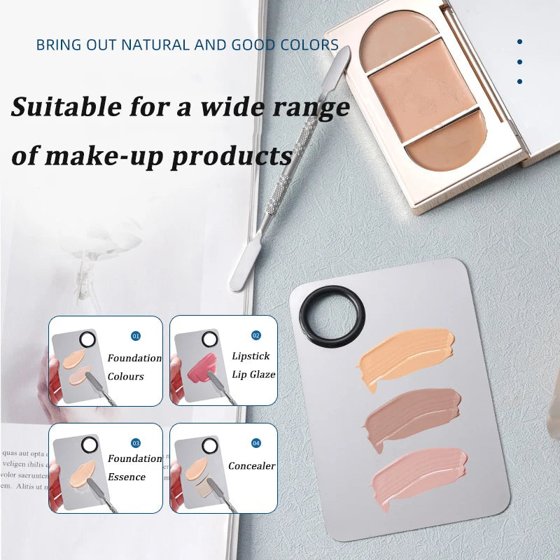 Stainless steel makeup mixing palette with spatula and mixing stick, used for foundation, lipstick, eye shadow application.