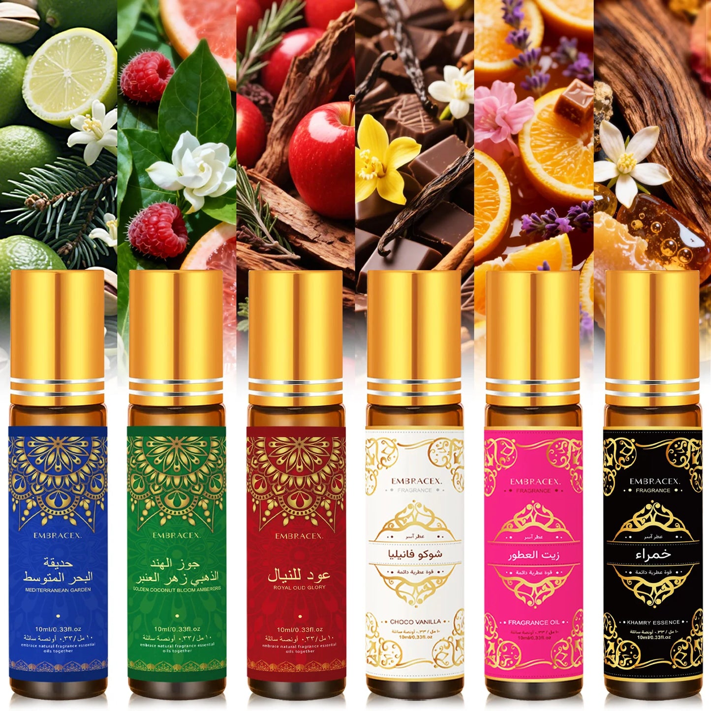 EmbraceX essential oils set with 10ml roller perfumes and aromatherapy oils in a gift box, ideal for diffusers and skincare.