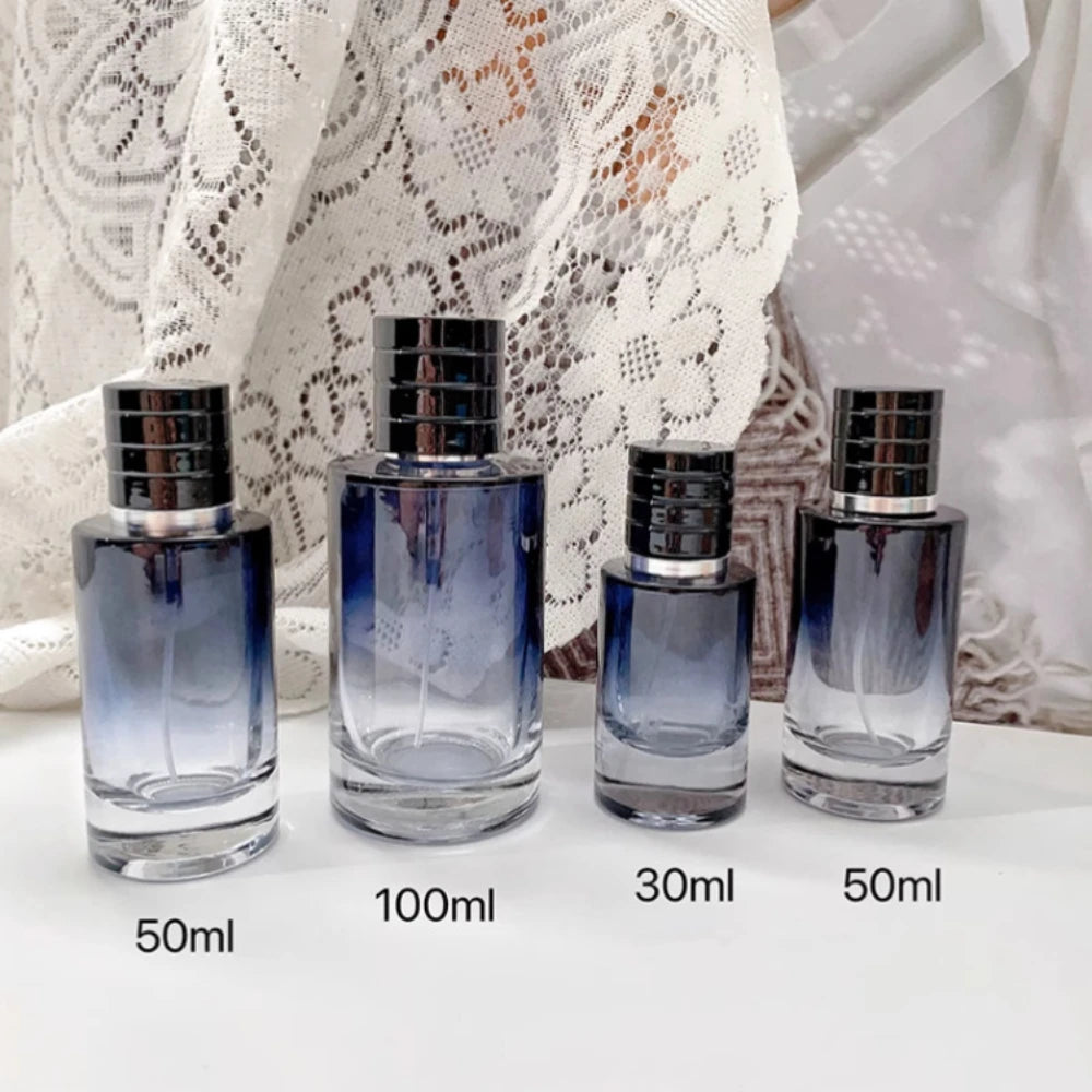 Gradient color glass perfume bottle by amzzonstore, 30ml-100ml refillable cosmetic atomizer with spray nozzle for travel use.