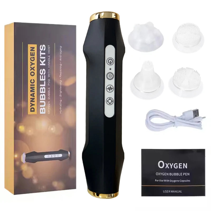 Portable CO2 oxygen bubble pen by amzzonstore, handheld facial cleansing device with exfoliating spa capsules and rechargeable design.