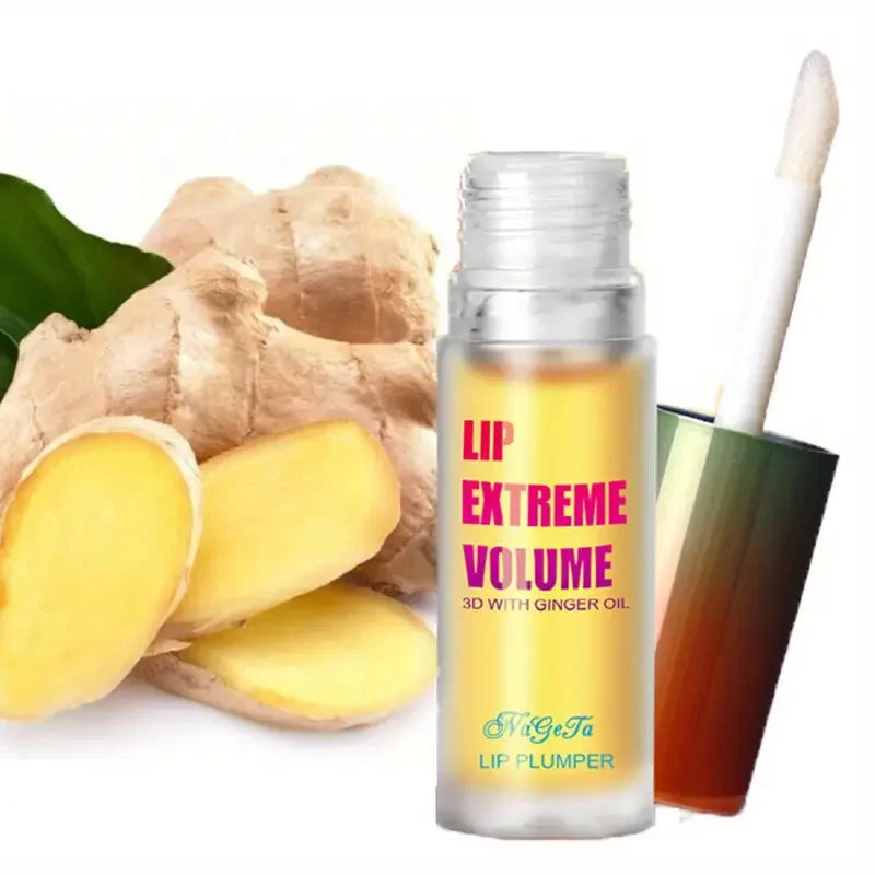 Ginger and mint lip plumper oil from amzzonstore, showing full, smooth, and youthful lips with a glossy finish.